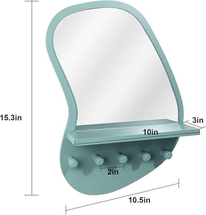 SANY DAYO HOME Wall Mount Wood Frame Irregular Mirror with 5 Wooden Hooks and Shelf, Modern Decorative Hanging Mirror for Entryway, Bedroom, Living Room (16″ x 12″, Turquoise)