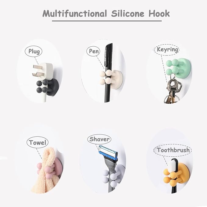 6 Pcs Silicone Waterproof Toothbrush Holders,Multi-Function Self Adhesive Hooks for Hanging Key Clothes Towel Cable for Kitchen Bathroom Home Office Mixed（6pcs Gray）