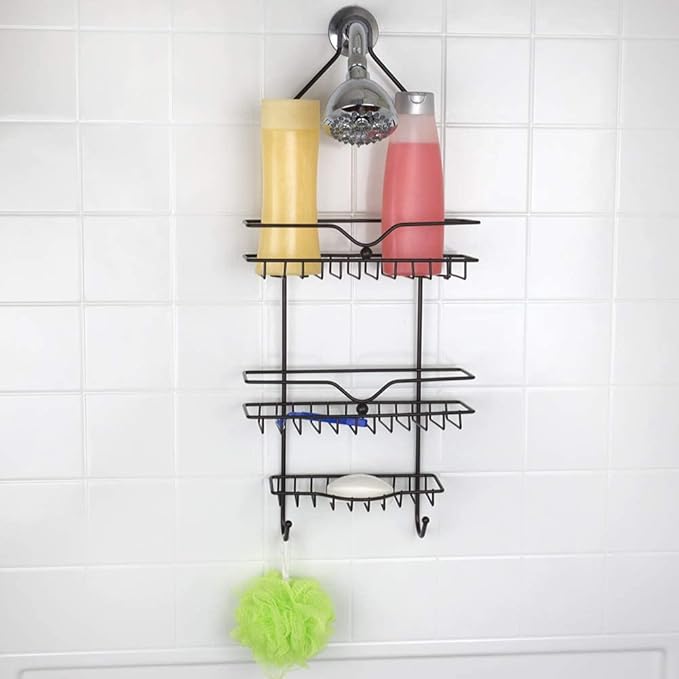 Home Basics Classic 2 Shelf Shower Caddy with Bottom Hooks and Center Soap Dish Tray, Bronze, Black