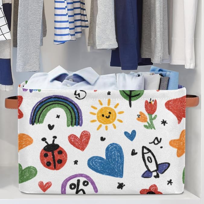 Cute Storage Bins for Organization, Canvas Book Storage Bins Handles, Bedroom Shelves Decorative Baskets for Organizing, Fabric Cube Bin Classroom Dorm Closet Organizer Box (Colorful Graffiti)