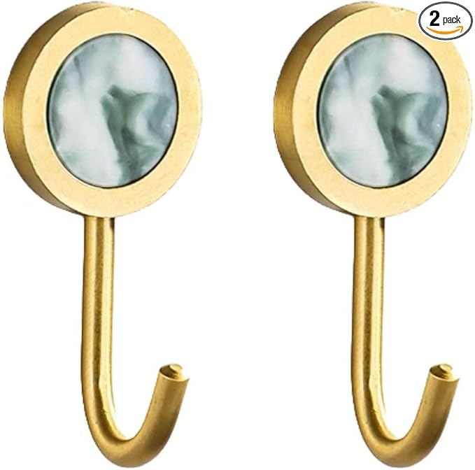 2 Pack Adhesive Hooks, Brass Wall Hooks, Bath Towel Hook, Self Adhesive Hooks Wall Hangers Without Nails for Entryway Kitchen Bathrooms Door (Green)