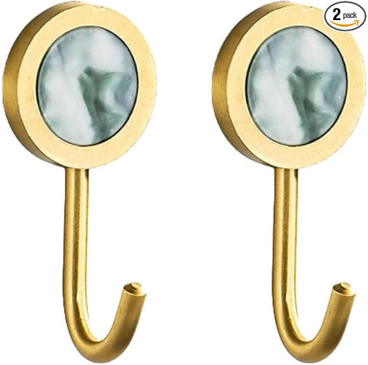 2 Pack Adhesive Hooks, Brass Wall Hooks, Bath Towel Hook, Self Adhesive Hooks Wall Hangers Without Nails for Entryway Kitchen Bathrooms Door (Green)