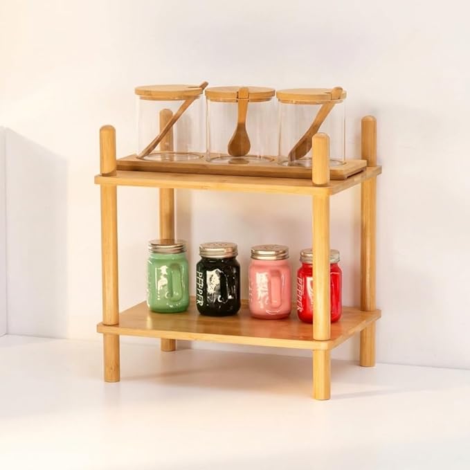 Bamboo Cabinet Organizer Set (2) - Counter Shelf Organizer & Bamboo Organizer Bins Fit, Expandable Cabinet Shelf Organizer for Kitchen Counter/Bathroom - Useful Home & Housewarming Gift(Medium)