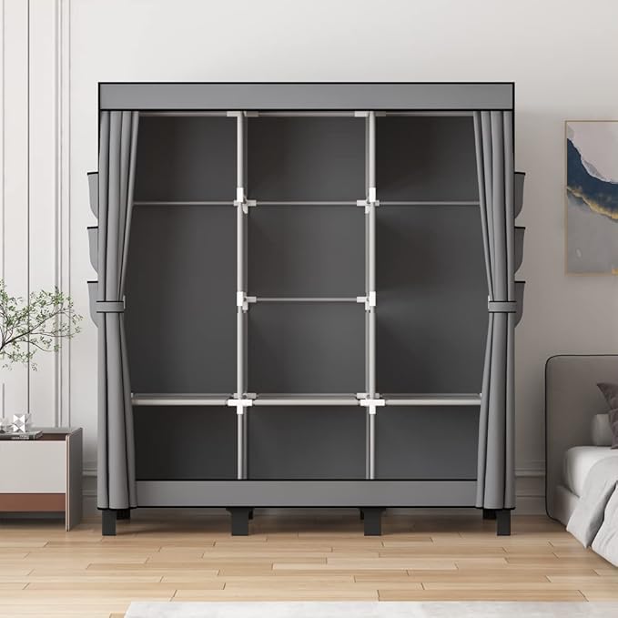 Portable Closet, 51.18" Large Capacity Clothing Storage Organizer with 3 Hanging Rods 6 Shelves 18 Side Pockets, Dustproof Sturdy Wardrobe for Bedroom Dorm Rental Apartment(Grey, Large)