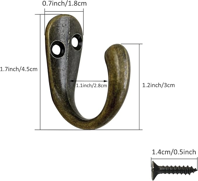 Gutapo 20pcs Bronze Single Prong Robe Hook, Zinc Alloy Wall Mounted Hooks for Hanging Towel Hooks with 44 Screws for Coats Bag Scarf Key Hat Cup
