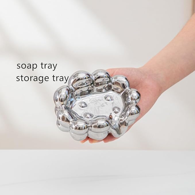 Anding Bathroom Accessory Sets, Includes Lotion Dispenser Toothbrush Holder, Cup and Soap Dish Ceramic Abstract Home Decor Shelf, Silver, (A635 Silver Set)