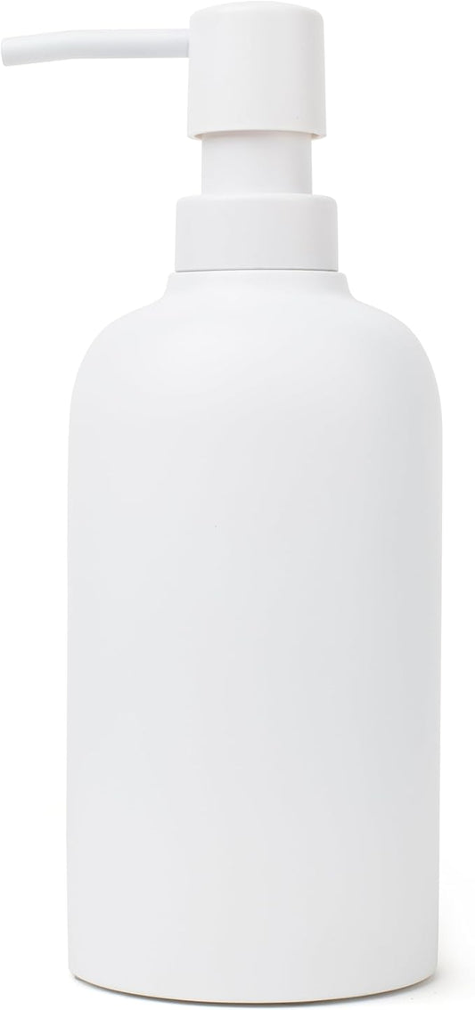 Matte White Round Soap Dispenser for Kitchen & Bathroom – 15 oz Refillable Resin Pump Bottle for Dish Soap, Hand Soap, Shampoo, Conditioner – Modern Countertop Dispenser with Non-Slip Protective Pads