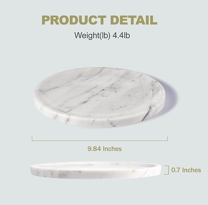 Natural Marble Decorative Tray for Bathroom Bedroom Kitchen Dresser, 9.8â Round Vanity Trays for Jewelry, Perfume, Cosmetic, Candle, Countertop Storage Organizer for Home Decor White, Arabescato