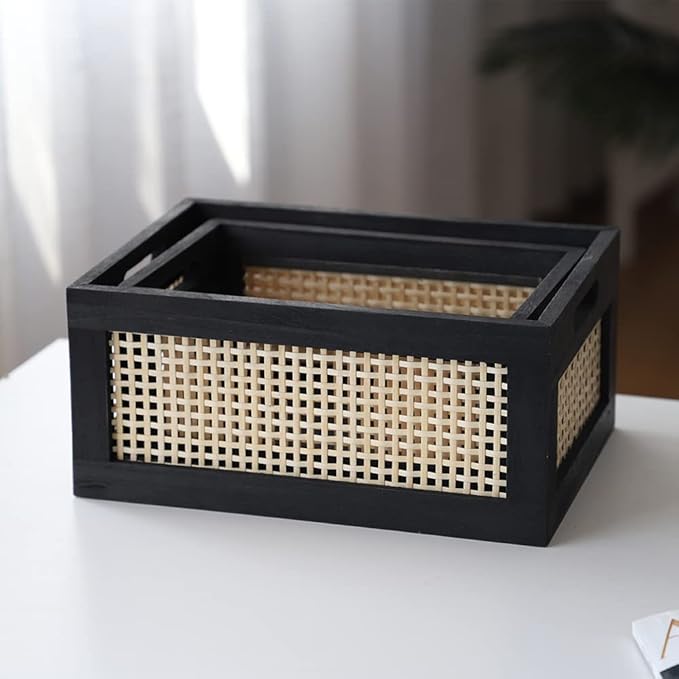 Wood Baskets, Rattan Storage Baskets for Organizing, Black, Set of 2