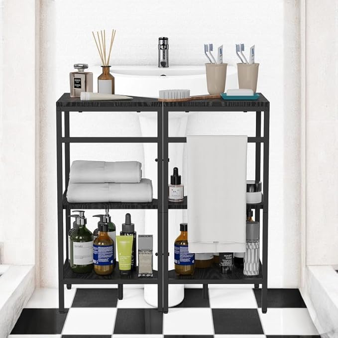 Under Pedestal Sink Shelf, 2 Pack Under Sink Organizers and Storage, 3-Tier Pedestal Under Sink Storage Bathroom Vanity, Corner Shelf Stand for Bathroom, Kitchen, Living Room, Black