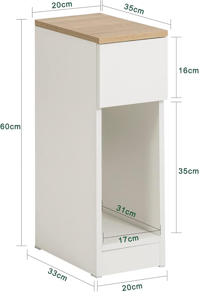 SoBuy Narrow Nightstand Set of 2, Narrow Bedside Table with Sliding Drawer and Open Compartment, Modern Slim End Table Storage Cabinet, White & Natural, FBT111-WNX2