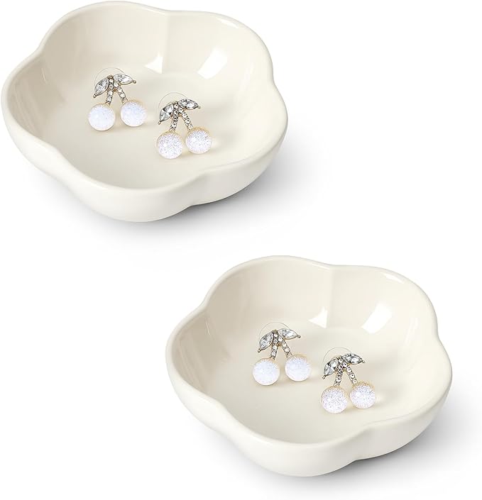 Koythin 2-Piece Small Trinket Dish, Ceramic Jewelry Ring Dish, Flower Key Holder Bowl for Women, Decorative Plate Tray for Dresser, Home Decor Organizer Trinket Tray (Five Petal Flower, White)