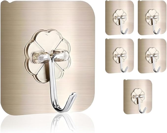 Koja 5 Pack Heavy-Duty Self-Adhesive Hooks - Transparent, Waterproof, Stick-on Wall Hooks for Keys, Bathroom, Shower, Outdoor, Kitchen, Door, Home Improvement, Utility Room - Brushed Gold