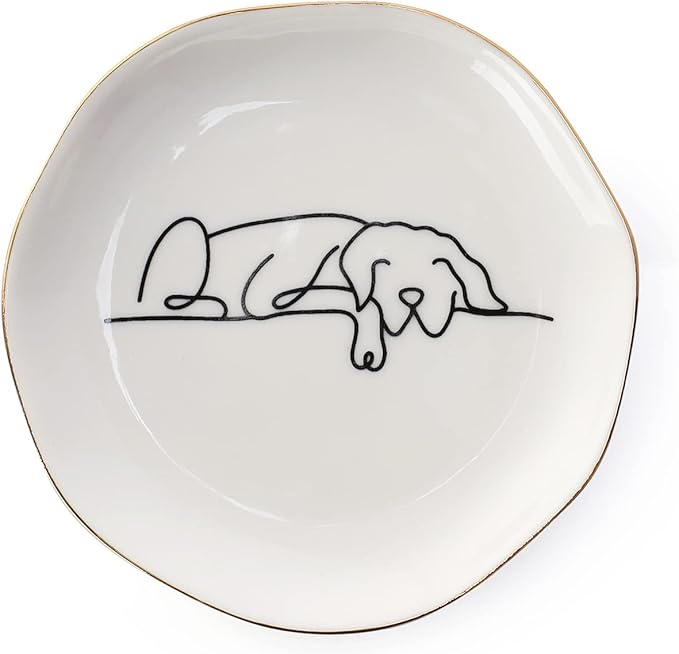 HOME SMILE Sleeping Dog Ring Dish Jewelry Tray, Christmas Gifts for Dog Mom, Ceramic White, 4"