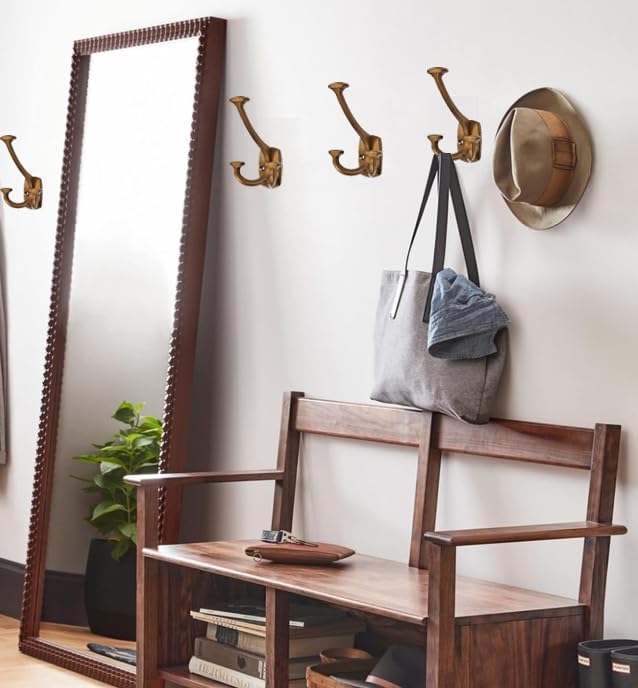 Antique Brass Hooks Large Wall Mounted Decorative Solid Heavy-Duty Double-Sided Coat Hooks for Hanging Towels Coats Robes Towels Bag Bathroom Wall Hooks (5 Pack)