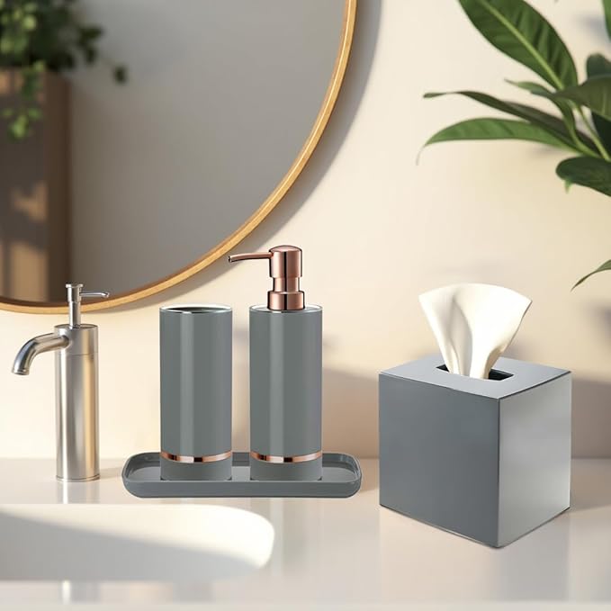 Decozen Bathroom Accessories - 4Pcs Bath Accessories for Home Decor Soap Dispenser, Lotion Dispenser, Tissue Box & Tray for Bath Decor Countertop Organizer - Christmas Decorations, Housewarming Gift