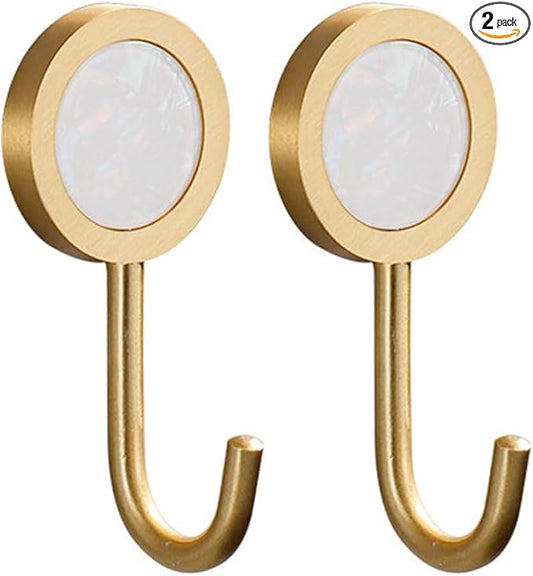 2 Pack Adhesive Hooks, Brass Wall Hooks, Bath Towel Hook, Self Adhesive Hooks Wall Hangers Without Nails for Entryway Kitchen Bathrooms Door (White)