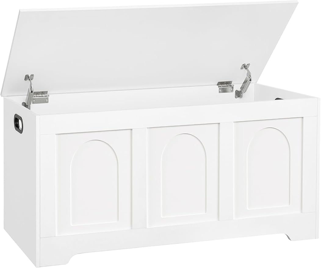 DINZI LVJ Storage Chest, 39.4â Wooden Toy Box with 2 Safety Hinges, Entryway Shoe Bench with Flip-Top, Sturdy Large Storage Trunk for Living Room, Bedroom, Playroom, Easy Assembly, White