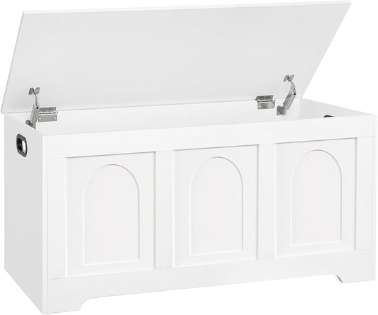 DINZI LVJ Storage Chest, 39.4â Wooden Toy Box with 2 Safety Hinges, Entryway Shoe Bench with Flip-Top, Sturdy Large Storage Trunk for Living Room, Bedroom, Playroom, Easy Assembly, White