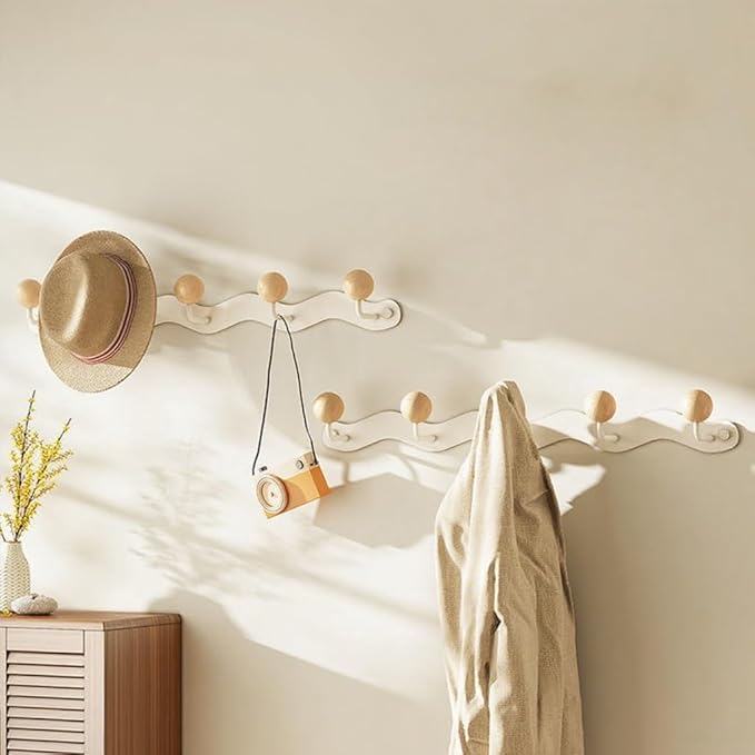 2 Pack Coat Rack Wall Mount,White Wall Hooks,Anti-Tear Wooden Ball Hook Rail, Heavy Duty Metal Coat Hanger Wall Mount for Entryway, Bathroom, Bedroom, Kitchen(White)