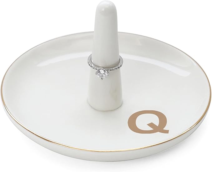 HOME SMILE Initials Ring Holder Jewery Tray with personalized Q-Monogrammed Engagement Gifts for Friends,Birthday Mother's Day Christmas Gifts for Women,Ceramic White