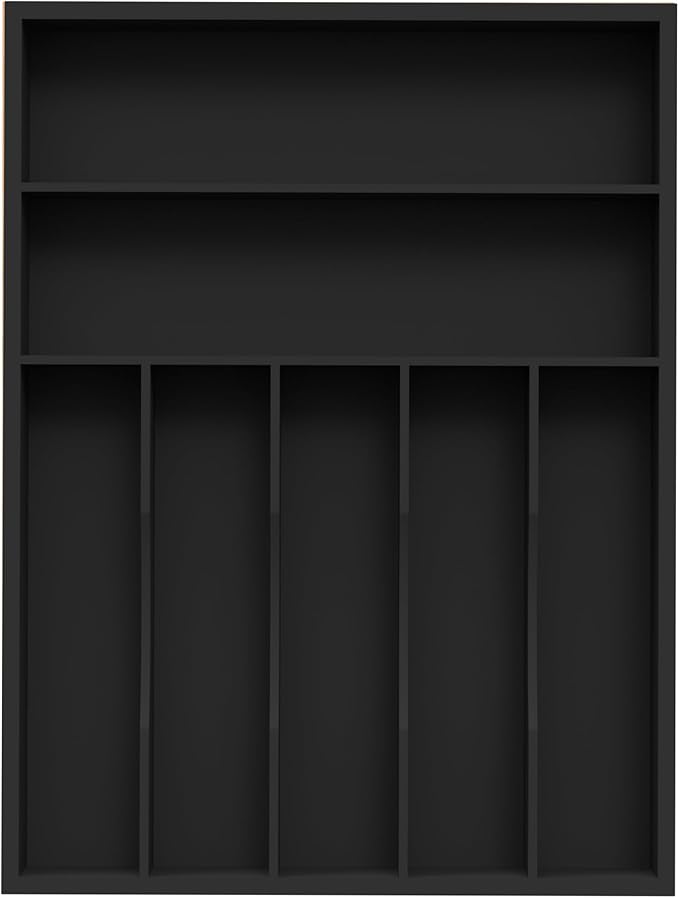 Sliverware Organizer, Bamboo Kitchen Drawer Organizer, Flatware Organizer Tray Holder for Sliverware, Utensil & Cutlery (Black, 7 Slots)