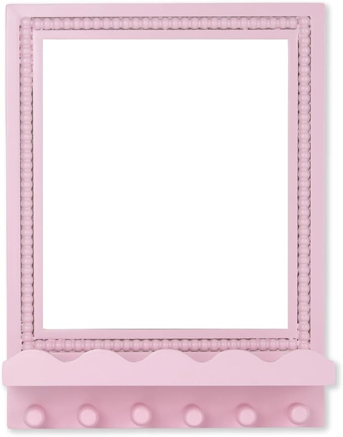 Tirzah 16x12 Inch Wall Mount Beaded Wood Framed Mirror with Shelf and 6 Hooks, Pink Decorative Entryway Mirror with Storage for Laundry Room, Bathroom, Bedroom