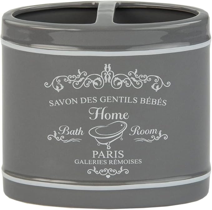 Paris Design 4-Piece Ceramic Bathroom Set, By Home Basics (Grey) | Chic Design Bathroom Accessory Sets | Accessories For Bathroom | Includes Soap Dish, Tumbler, Toothbrush Holder, and Lotion Dispenser