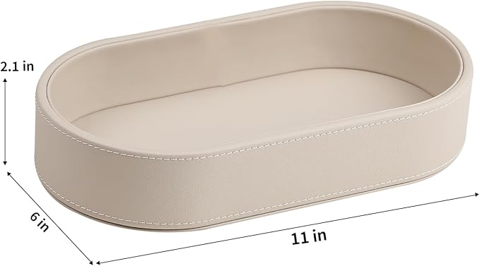 Oval Desk Valet Tray, PU Leather Perfume Dish Bowl for Keys Wallet Watch, Decorative Trinket Vanity Jewelry Tray, Entryway Nightstand Organizer Women Men (Beige)