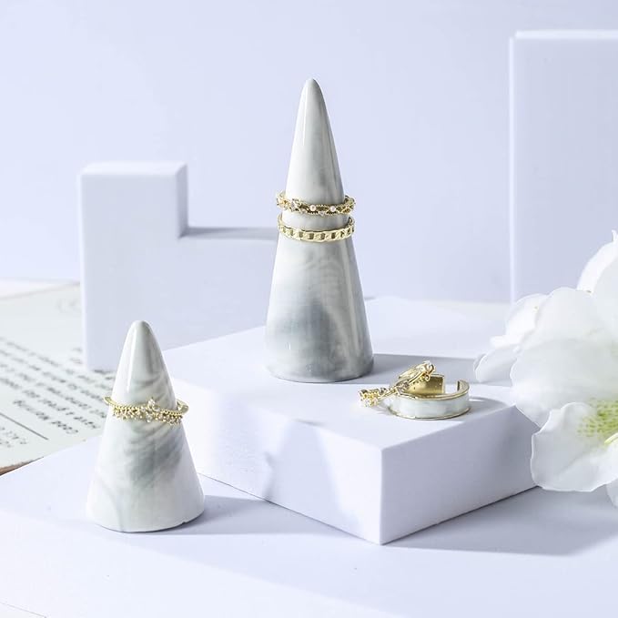 oskas Marble Ring Holder Tower Ceramic Cone Shape Modern Decorative Display Stand for Jewelry Ring/Wedding Ring 2PCS SET Grey