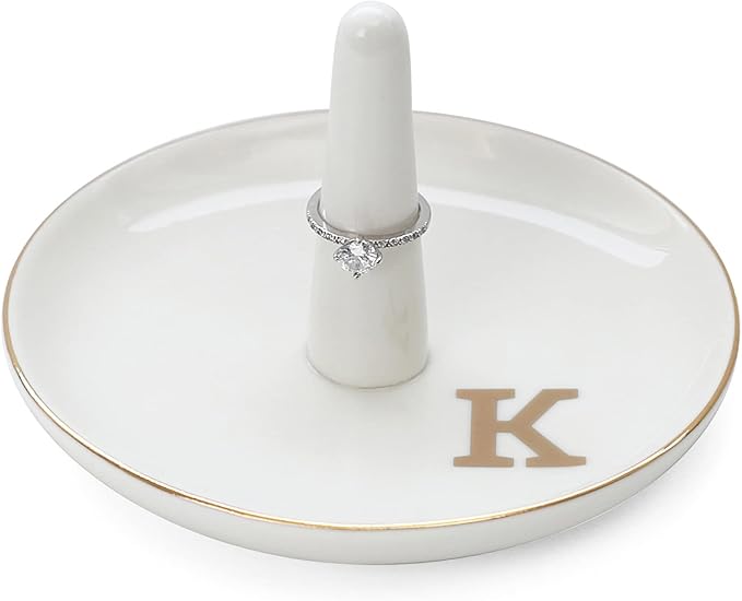 HOME SMILE Initials Ring Holder Jewery Tray with personalized K-Monogrammed Engagement Gifts for Friends,Birthday Mother's Day Christmas Gifts for Women,Ceramic White