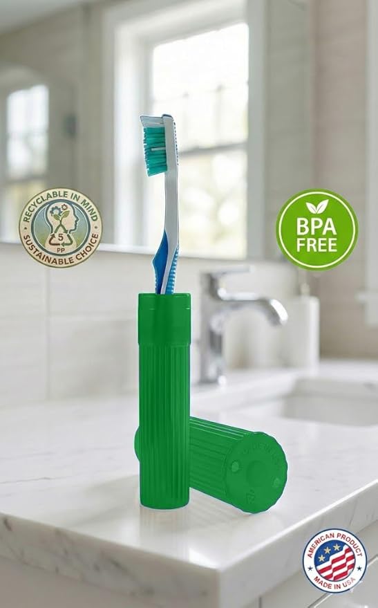 Toothbrush Holder (Green) - Made in USA, with Ventilation Holes, for Toothbrush Covers, Toothbrush Holder, Toothbrush Soft, Durable Design, Hygienic Bathroom Accessory