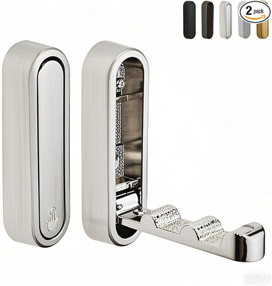 Foldable Wall Hooks Heavy Duty - Zinc Alloy Hidden Handle with Anchors/Screws, Space-Saving for Bathroom, Kitchen, Closet, 33lb Capacity, Wall Mounted (Silver Brushed, Count, 2)