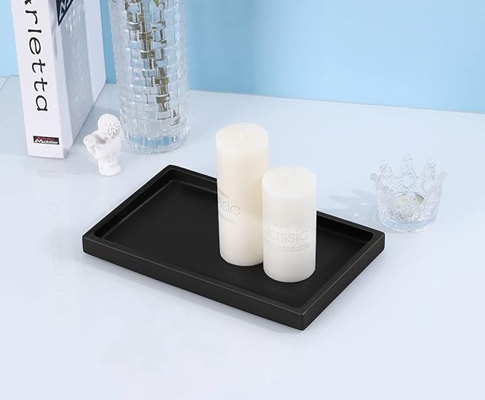 Emibele Black Tray for Bathroom, Resin Countertop Vanity Tray Jewelry Storage Dresser Tray Kitchen Toilet Tank Tray Organizer for Candle Plant Perfume Shampoo Towel Home Decor, Medium, Matte Black