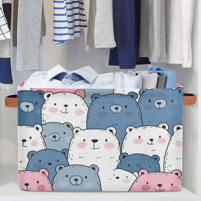 Cute Storage Bins for Organization, Canvas Book Storage Bins Handles, Bedroom Shelves Decorative Baskets for Organizing, Fabric Cube Bin Classroom Dorm Closet Organizer Box (Cute Bear)