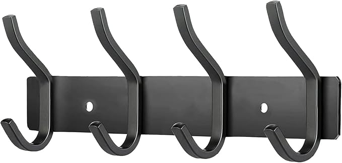 Black Wall Hooks, 12 Inch Coat Rack Wall Mount with 4 Hooks, Wall Hooks for Hanging Backpack, Bag, Purse, Clothes, Hat, Coat, Towel | Entryway & Bathroom Storage Organization Hanger