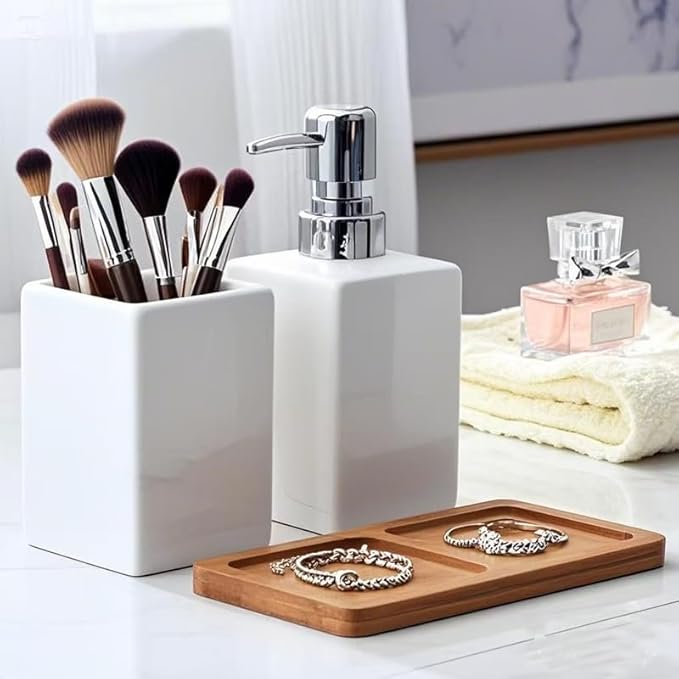 White Soap Dispenser and Toothbrush Holder with Tray,Ceramic Bathroom Accessories Set Modern Square Countertop Bath Set,Liquid Soap Dispenser,Tumbler Cup,Wooden Vanity Tray