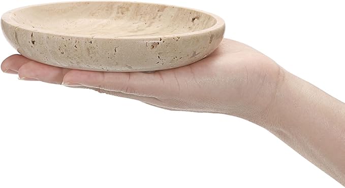 Hipiwe Small Key Bowl for Entryway, 5.5" Round Decorative Ring Holder Dish Natural Travertine Stone Trinket Tray Jewelry Dish Plate Candle Tray for Earring Necklaces Home Decor