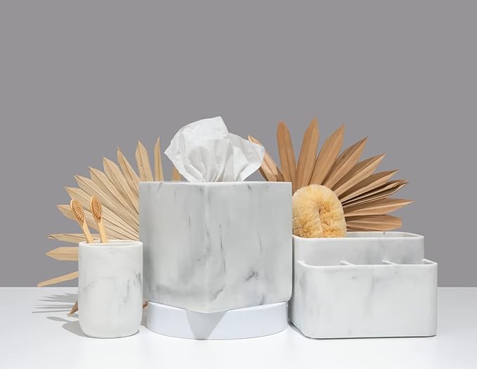 Essentra Home White Marble Toothbrush Holder and Bathroom Organizer – Keeps Your Bathroom Counter Organized and in Style.