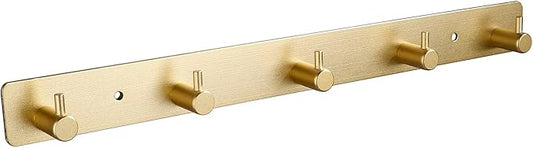 Gold 5 Wall Hooks, Brushed Gold Bathroom Hook Rail, Self Adhesive 5 Hooks Key Hook Rack Hanger Towel Robe Stick Hooks for Toilet Entryway Hallway Kitchen Wall Mounted