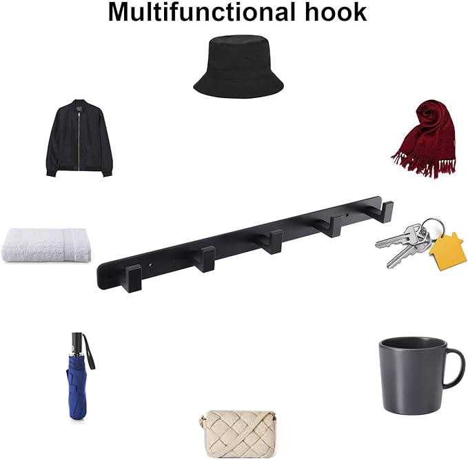 Coat Rack, Heavy Duty Stainless Steel 5 Tri Coat Hook Hanger, Wall Mounted Storage Wall Hooks, Rustic Clothes Hook/Key Hook Rail for Bathroom Kitchen Entryway(5 Hook Black)