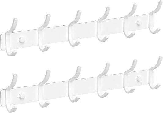 White Wall Mounted Coat Rack - 15 Inch Arc Shaped Design with 6 Hooks for Hanging Coats, Bags, and Towels in Entryway, Livingroom, Bedroom, Bathroom, and Kitchen, 2 Pack