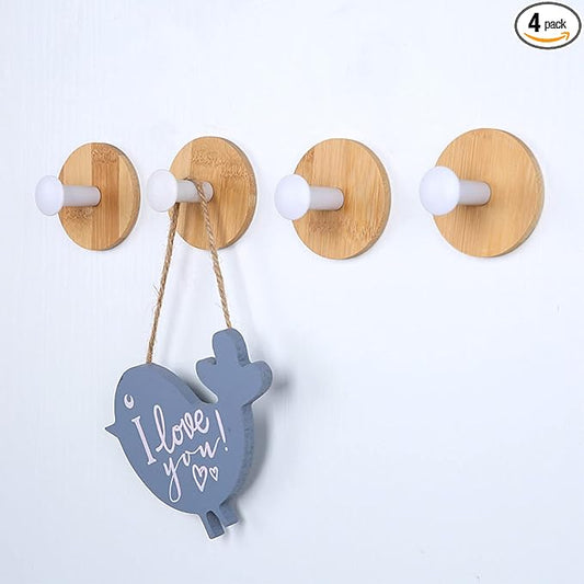 4pack Decorative Wood Wall Hook Coat Hooks for Hanging Adhesive Waterproof Wall Hook Clothes Bag Key Hanger Hook Bedroom Kitchen Bathroom Door Robe Towel Hooks-White
