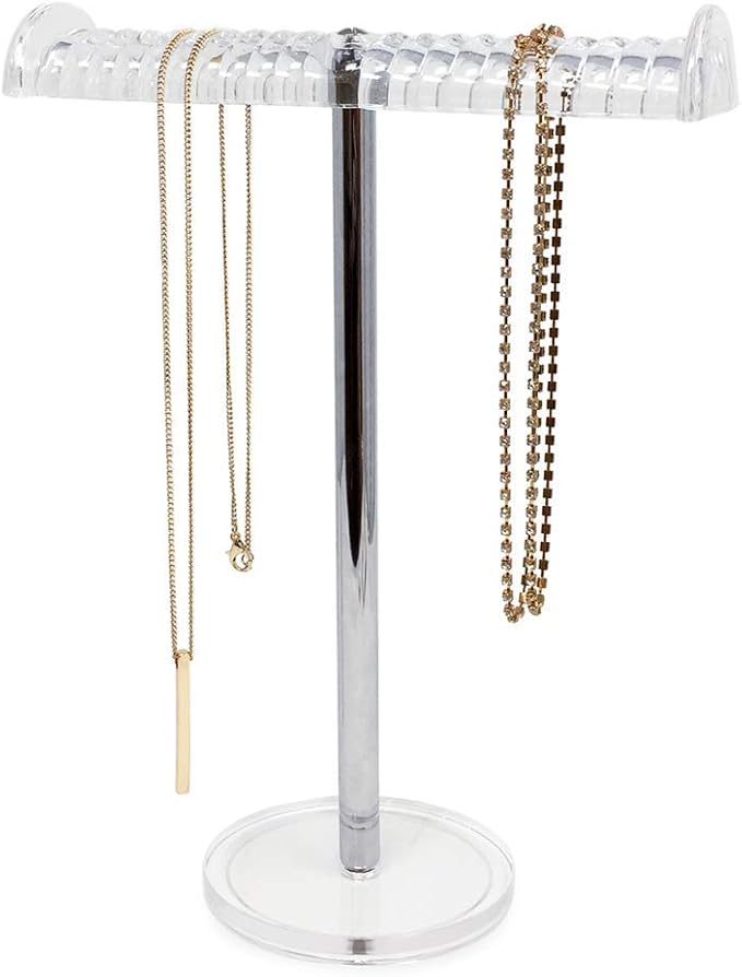 Isaac Jacobs Clear Acrylic Necklace & Bracelet Holder (8â inch T-Bar)â Hanging Chain and Bangles Organizer Sleek & Sturdy Stand for Jewelry â Storage Solution- Bedroom- Bathroom â Countertop