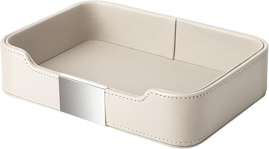 SANZIE Luxury Leather Tray Desktop Storage Catchall Organizer Decorative Tray for Entryway Table to Hold Jewelry Watch Keys Phone Wallet (Metal Silvered, Grey)