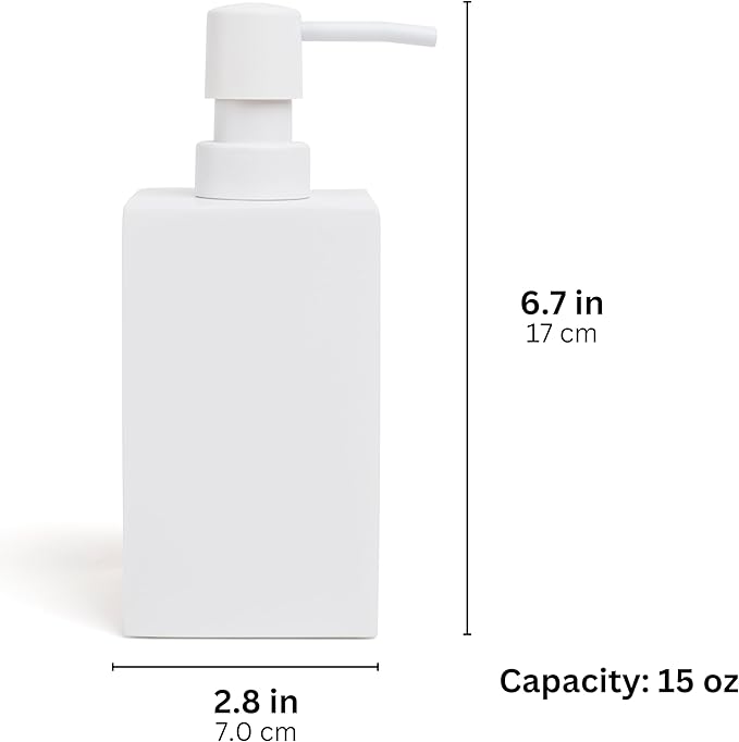 Matte White Square Soap Dispenser for Kitchen & Bathroom – 15 oz Refillable Resin Pump Bottle for Dish Soap, Hand Soap, Shampoo, Conditioner – Modern Countertop Dispenser with Non-Slip Protective Pads