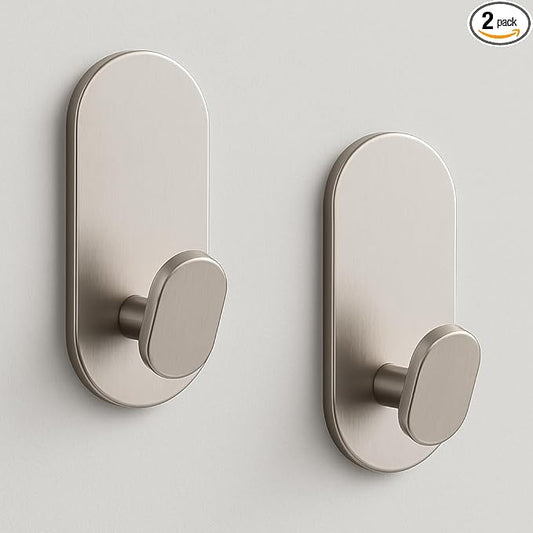 Adhesive Towel Hooks for Bathrooms 2 Pack Brushed Nickel Stainless Steel and Zinc Alloy Sticky Wall Hooks for Hanging Heavy Duty Self Adhesive Robe Shower Hanger for Kitchen, Closet, Cabinet, Door