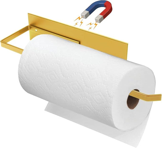 Gold Paper Towel Holder, Magnetic Paper Towel Holder for Fridge, Toilet Paper Roll Holder Magnet Towel Rack Wall Mount Fridge Organizer for Paper Towels Rolls Bathroom Pantry RV Kitchen Storage Golden