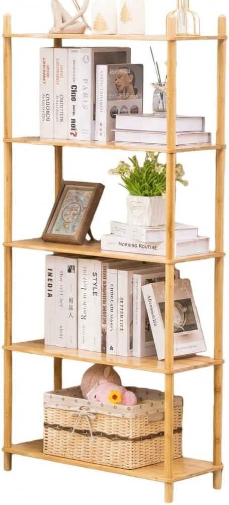 Expandable Freestanding Open Bamboo Book Shelf - No-Tool Assembly & Modular,Bathroom Storage Shelf Unit Plant Stand for Small Space, Bedroom, Living Room, Home Office (1, Natural, 5-Tier L)