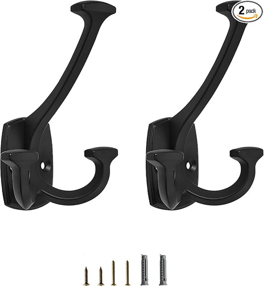 Matte Black Hooks Large Wall Mounted Decorative Solid Heavy-Duty Double-Sided Coat Hooks for Hanging Towels Coats Robes Towels Bag Bathroom Wall Hooks (2 Pack)